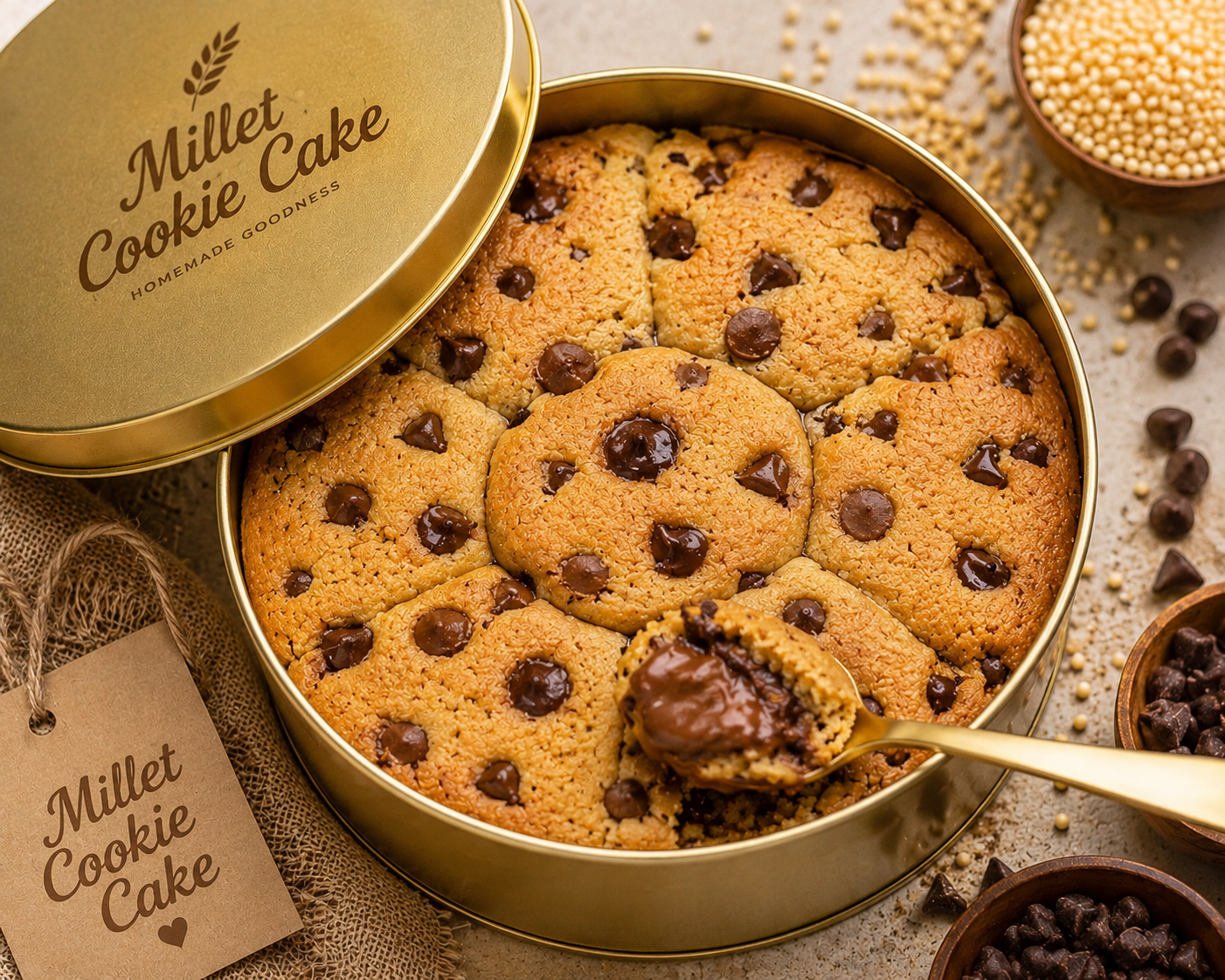 Rustic millet cookies surrounded by ragi, oats, foxtail millet and jaggery