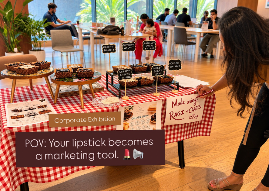 Grain Crumbs tasting table at a corporate exhibition — labelled brownie flavours on a red-checked cloth